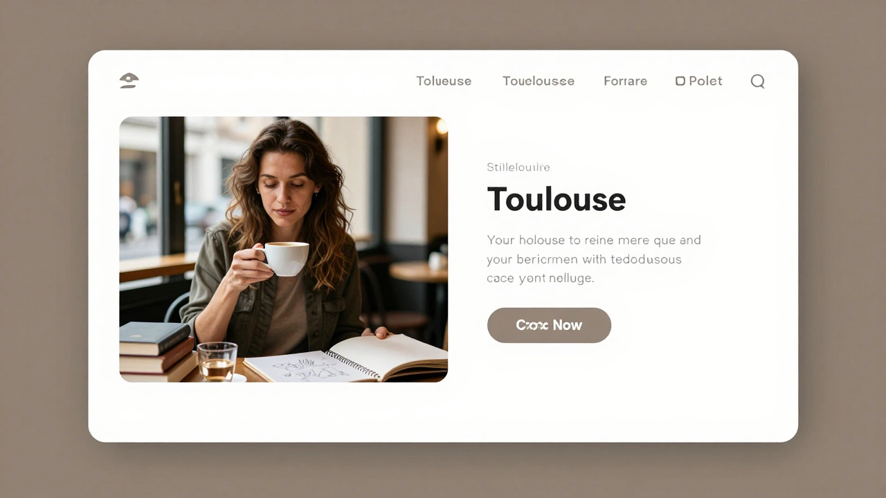 A candid photo of a woman in a Toulouse café, holding wine, with books and a sketchpad nearby, natural lighting.