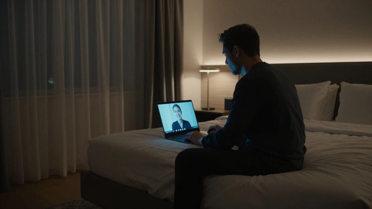 A man watches a video call on a laptop in a luxury hotel room, screen light casting soft glow on his face.