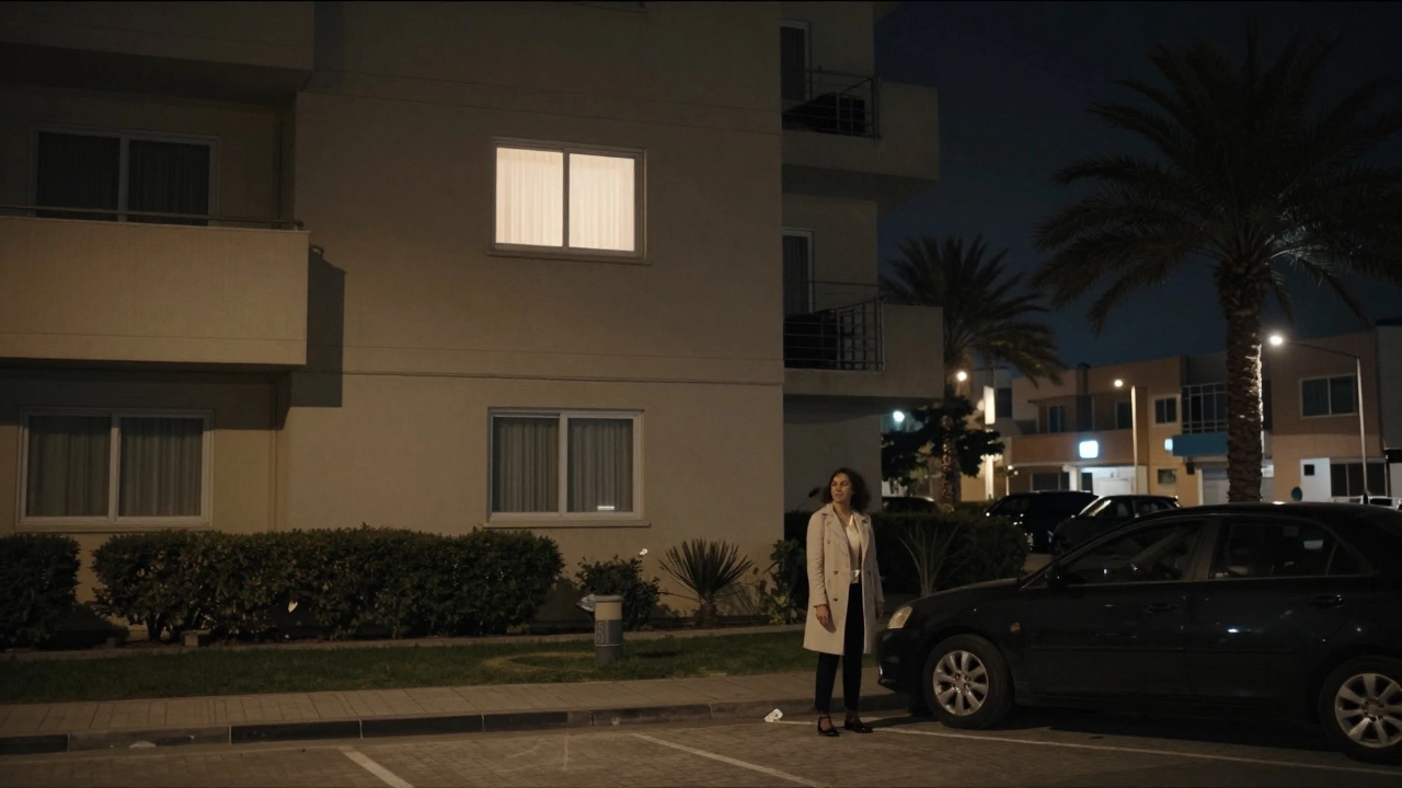 A woman waits cautiously outside a nondescript apartment building in Dubai at night.
