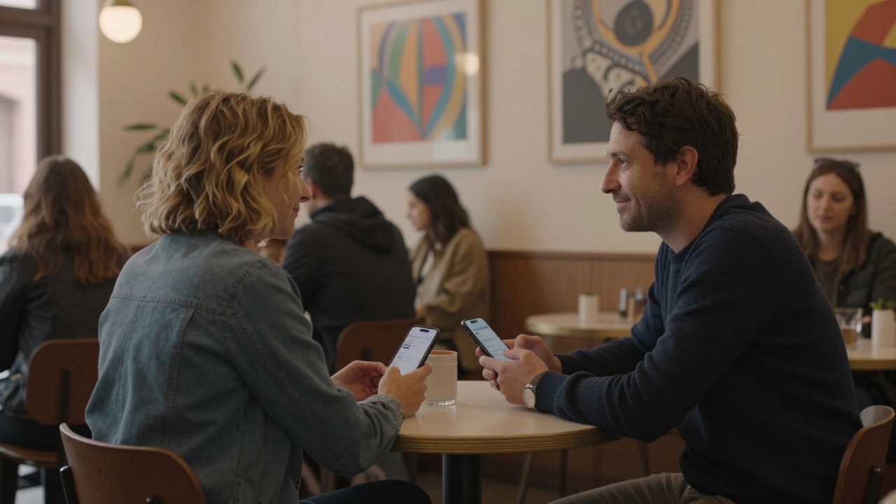 Two adults meet in a cozy Toulouse café, one checking a phone, both relaxed and respectful in a quiet setting.